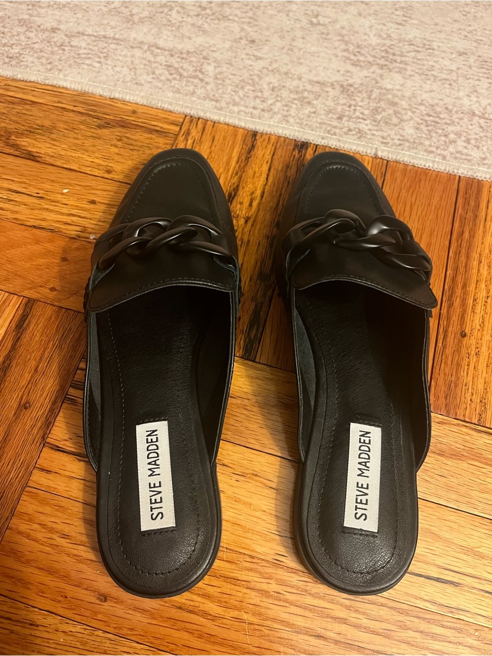 Steve Madden Black Chain-Trim Slide Mules